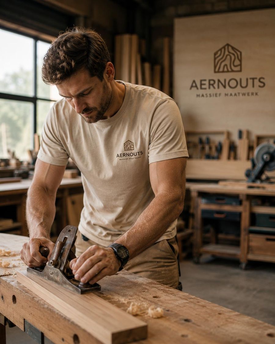 Vakman van Aernouts schaaft massief hout in de werkplaats